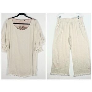 Bad Little Country Girl Linen Blend Floral Leopard Mixed Media Top Pants Set 1XL